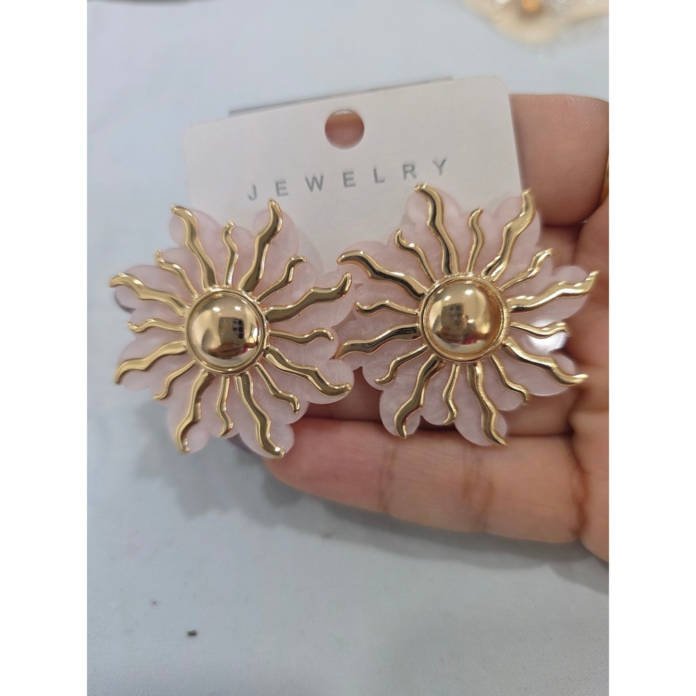Gold Tone Sunburst Pale Pink Resin Celestial Statement Stud Earrings New